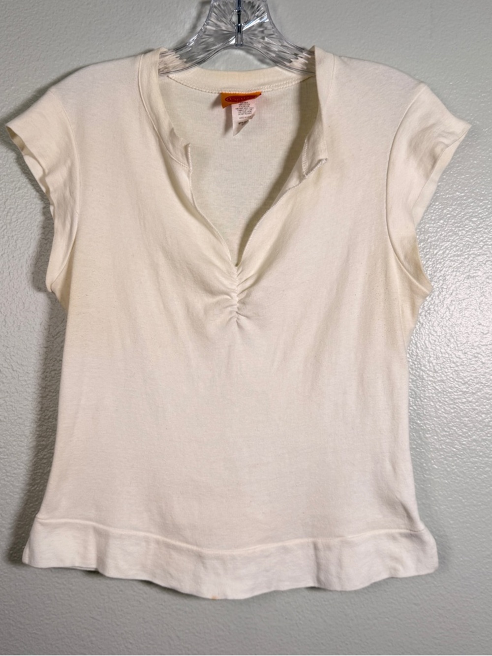 Y2K Outlaw USA Cap Sleeve Knit ~AUTH Off White V-Neck Ruched Front Cotton Top XL